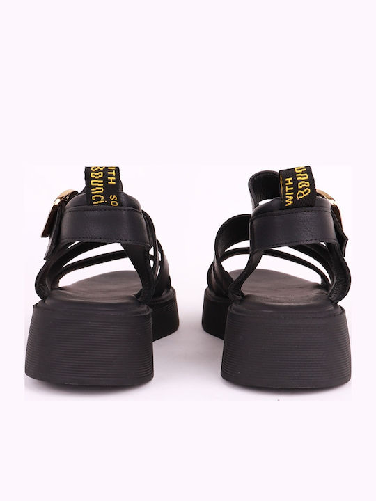 Δερμάτινα Γυναικεία Σανδάλια Flatforms Μαύρα