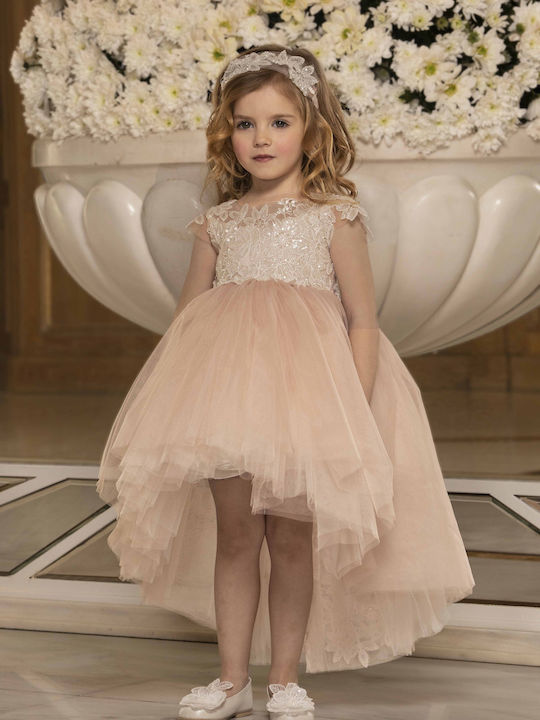 Dolce Bambini Ροζ Βαπτιστικό Σετ Ρούχων με Φόρεμα & Αξεσουάρ Μαλλιών από Δαντέλα 2τμχ