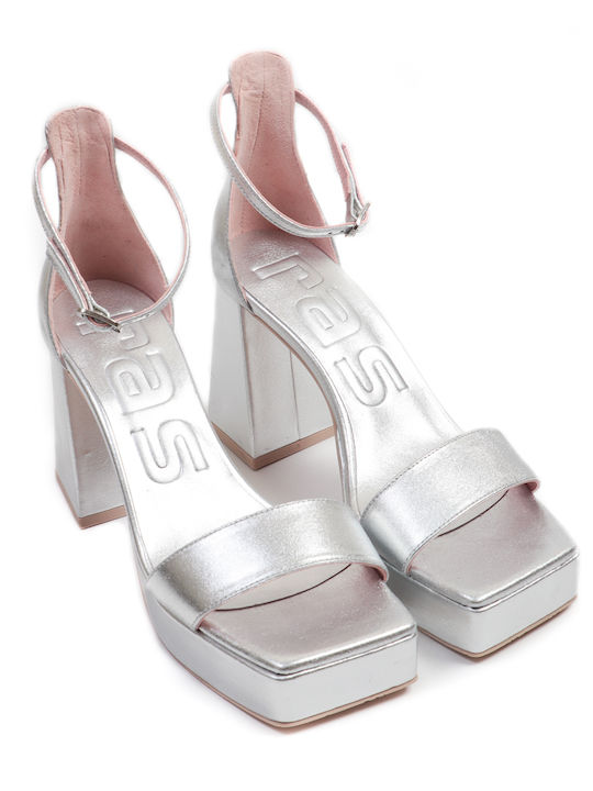 Ras Leather Women's Sandals with Ankle Strap Silver with Chunky High Heel