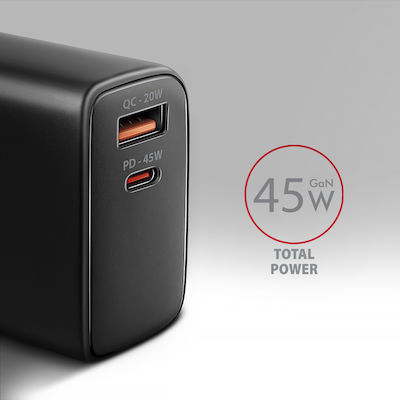 Axagon Charger Without Cable with USB-A Port and USB-C Port 45W Power Delivery / Quick Charge 3.0 / Quick Charge 4.0 Blacks (ΑCU-ΡQ45)