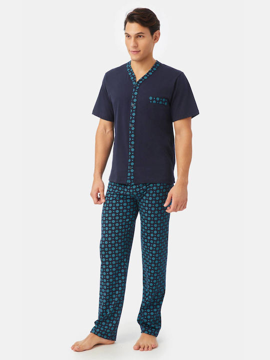 Minerva Men's Summer Cotton Pajamas Set Μπλε Μαρίν