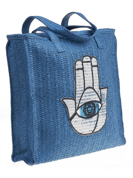 Verde Stroh Strandtasche Blau