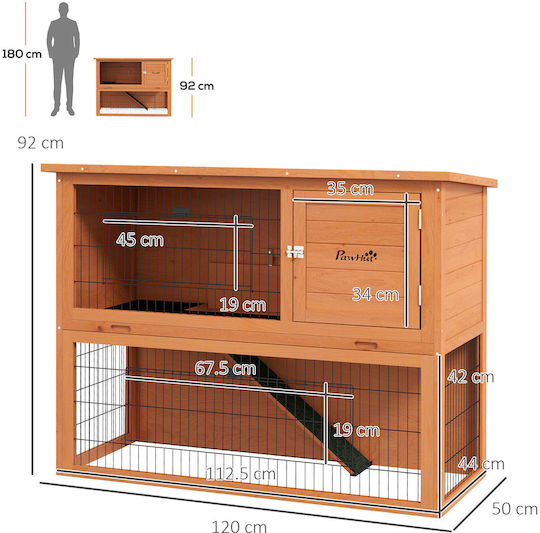 Pawhut 2-Level Wooden Outdoor Hutch Removable Tray 1-2 Rabbits Orange