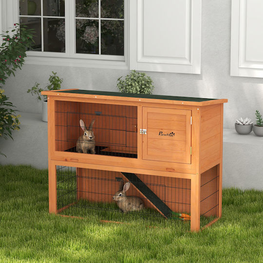 Pawhut 2-Level Wooden Outdoor Hutch Removable Tray 1-2 Rabbits Orange