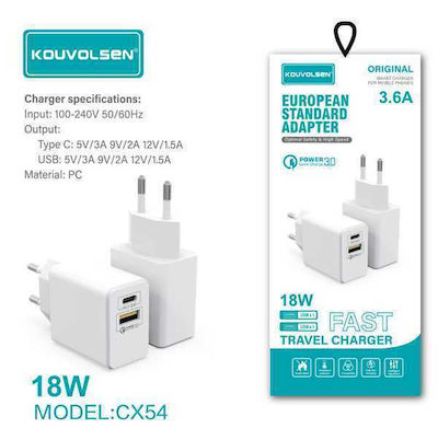 Charger Without Cable with USB-A Port and USB-C Port 18W Whites (110204_CX-54)