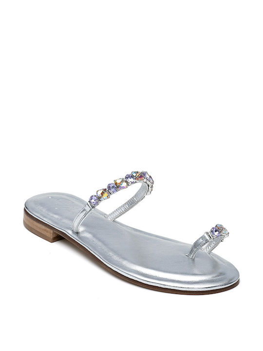 Capri Leder Damen Flache Sandalen in Silber Farbe