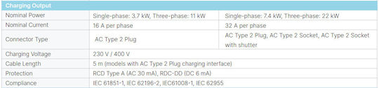 Delta Wall Mounted Three-Phase 22kW Charging Station with Built-in Cable Type 2