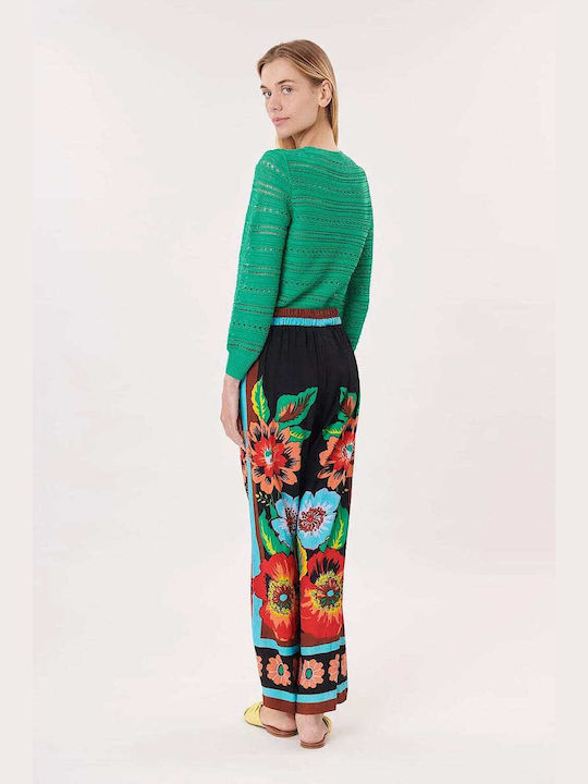Derhy Damen Stoff Hose mit Gummizug Blumen Mehrfarbig