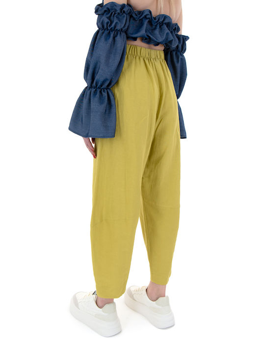 Moutaki Women's High Waist Linen Trousers with Elastic in Balloon Line Yellow