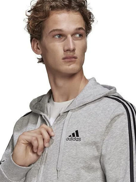 Adidas Essential 3 Stripes Men's Sweatshirt Jacket with Hood and Pockets Gray