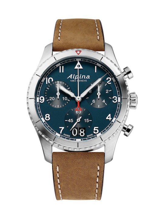 Alpina Watch Chronograph Battery with Brown Leather Strap