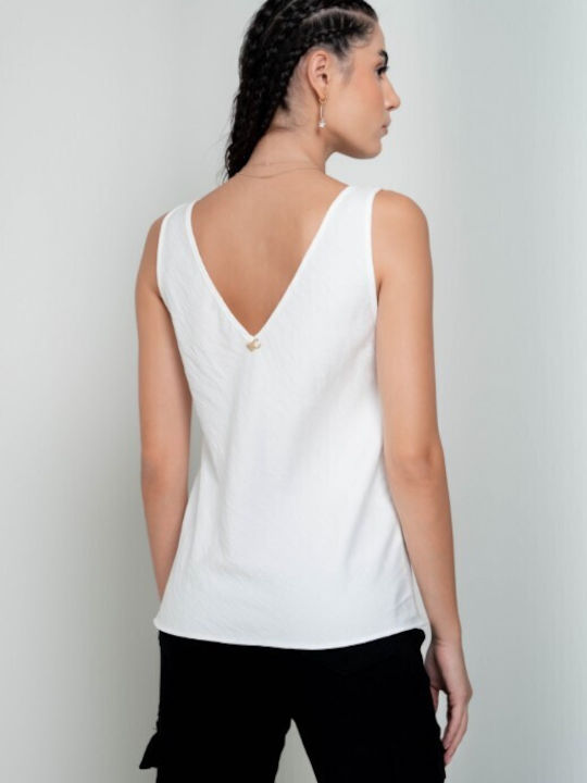 Cento Fashion Damen Bluse Ärmellos mit V-Ausschnitt Weiß