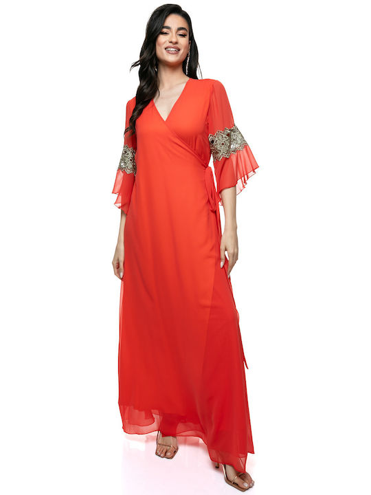 RichgirlBoudoir Βραδινό Φόρεμα Κρουαζέ με Δαντέλα Πορτοκαλί