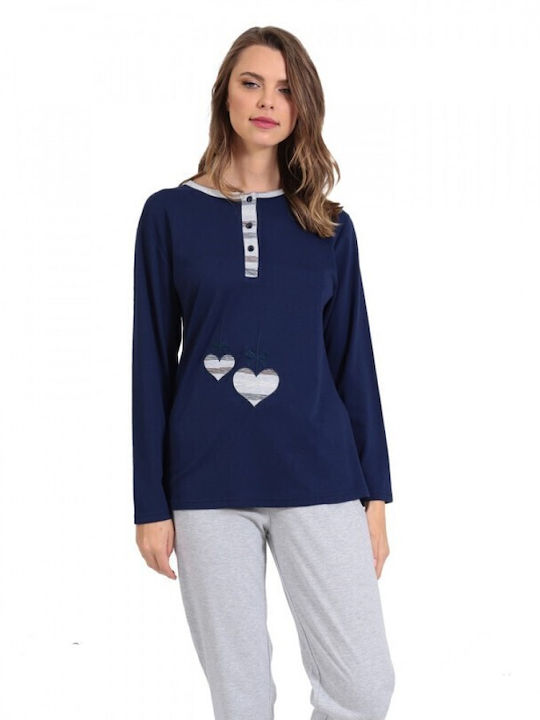 Lydia Creations Winter Women's Pyjama Set Cotton Navy Blue