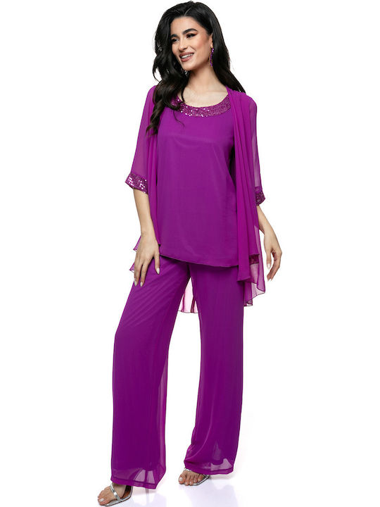 Damen Lila Set mit Hose mit Pailletten