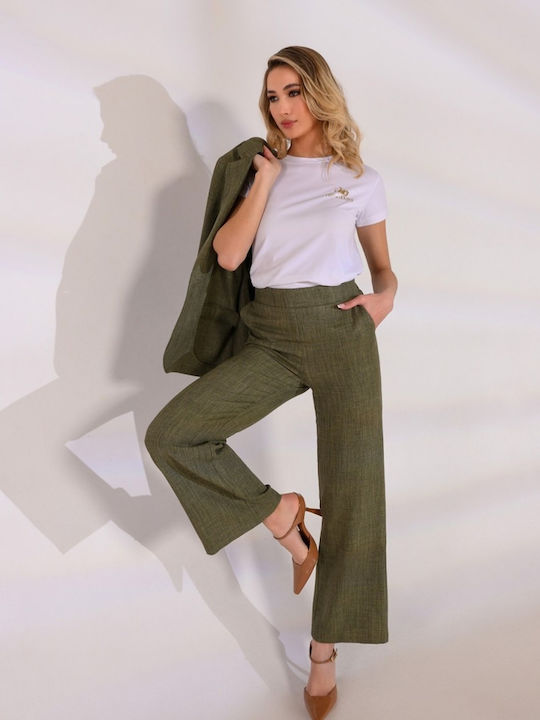 Derpouli Women's High-waisted Linen Trousers with Elastic Khaki