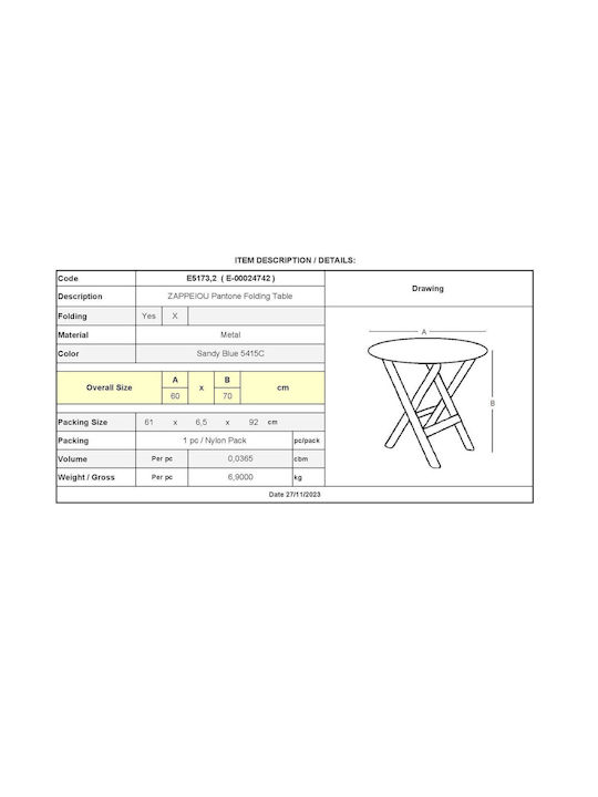 Metal Masa pentru spații exterioare mici Pliabil Pantone Sandy Blue 60x60x70buc