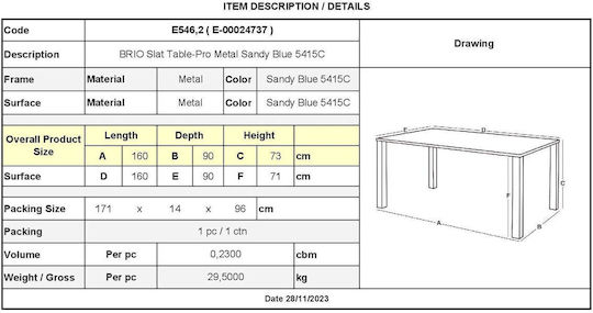 Brio Outdoor Dinner Free Standing Metal Table Sandy Blue 160x90x73cm