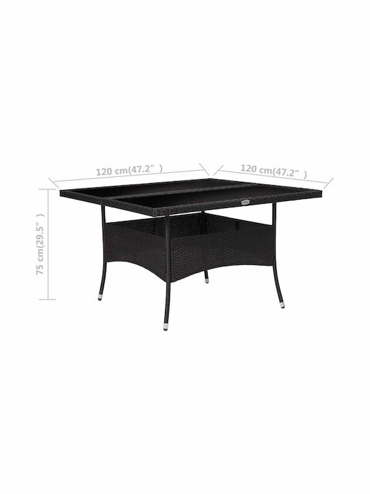 Masa pentru spații exterioare Rattan cu suprafață din sticlă Negru 120x120x75buc