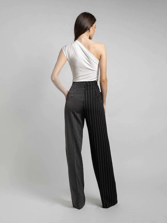 Fashioncore Women's High-waisted Fabric Trousers in Straight Line Striped Black