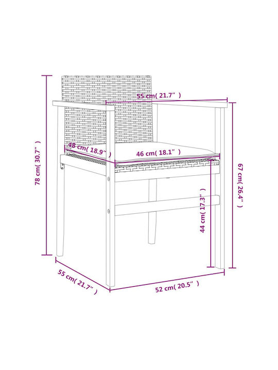 Scaun de exterior Rattan Grădină Gri cu pernă 2buc 55x55x78cm