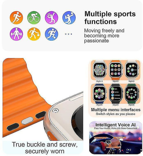 Qian I20 Ultra Max 2.3' 49mm + Bluetooth HandsFree Gift + Protective Glass Wireless Charging Waterproof 10 +1 Men's Women's Set Silver