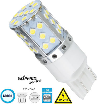 GloboStar Λάμπα Αυτοκινήτου Extreme Series T20 Canbus LED 6000K Ψυχρό Λευκό 12V 15W 1τμχ