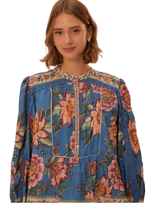 Farm Rio Women's Blouse Long Sleeve Floral Blue