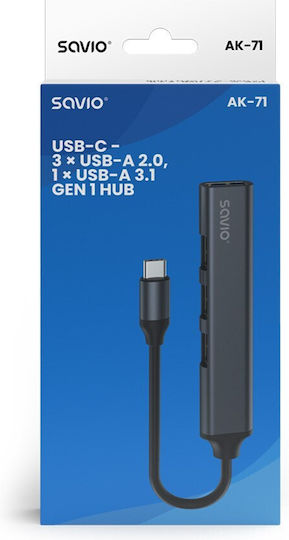 Savio USB Хъб 4 Порта USB 3.1 с USB-C Връзка Сив