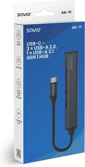 Savio USB Хъб 4 Порта USB 3.1 с USB-C Връзка Сив