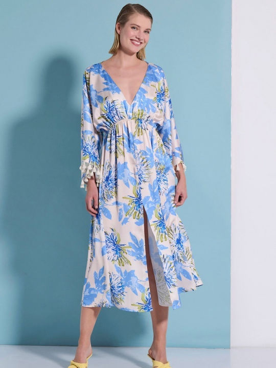Matis Fashion Midi Βραδινό Φόρεμα Σατέν με Σκίσιμο Εκρού