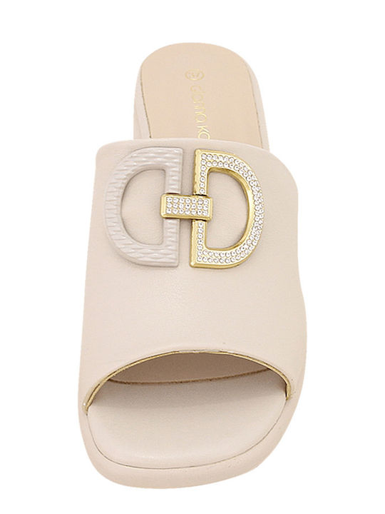 Merrion Leather Mules with Chunky Heel in Ecru Color