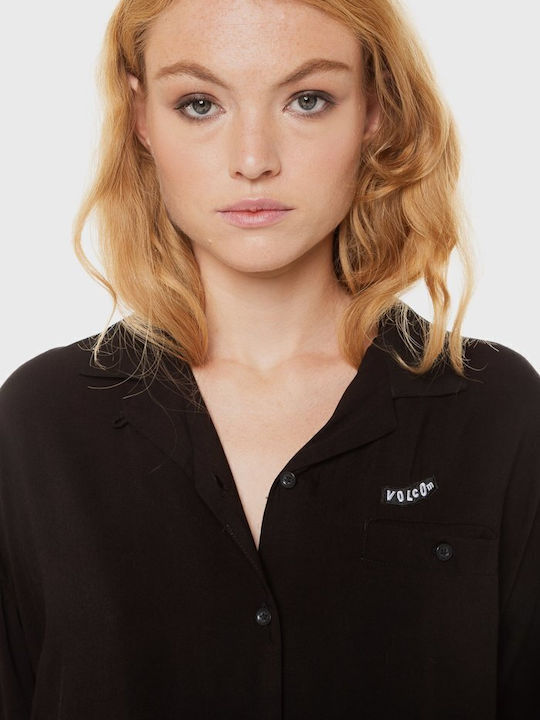 Woven" Langärmelig Damen Hemd Schwarz