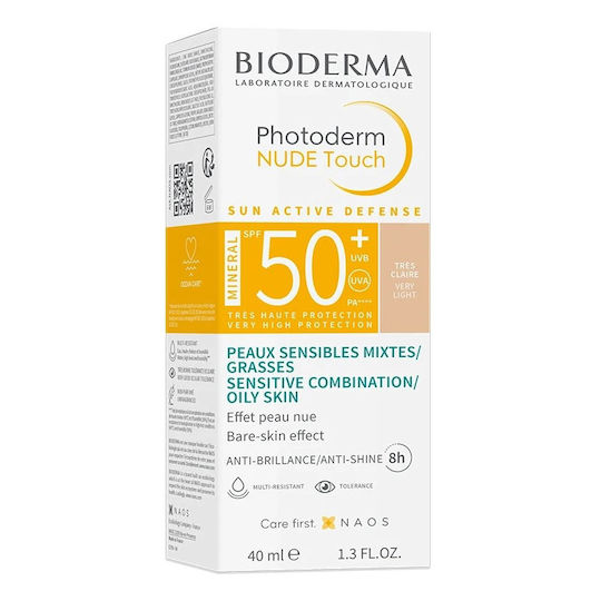 Bioderma Photoderm NUDE Touch Mineral SPF50+ Claire Cremă Solară Colorată pentru Față pentru Piele Mixtă spre Grasă Nuanță Foarte Deschisă