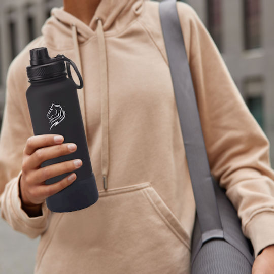 Cool'NMore Stainless Steel Thermos Bottle BPA Free 1L Black with Handle Straw Loop and Mouthpiece