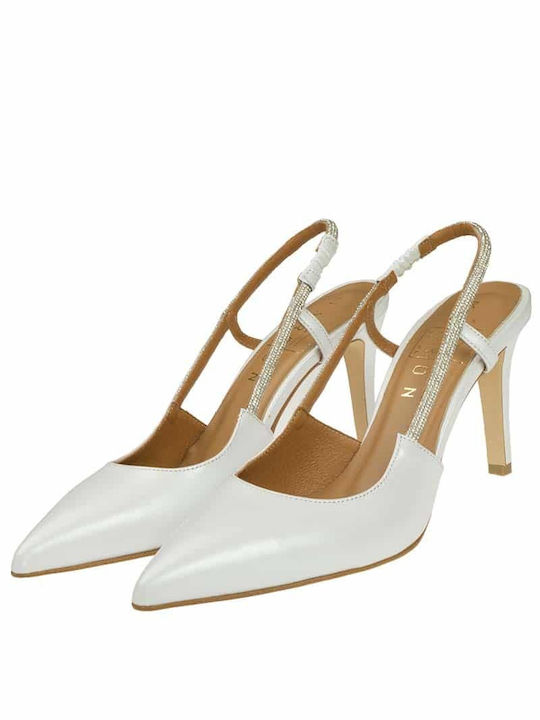 Marron Leather White High Heels with Strap