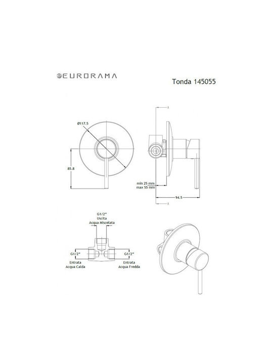 Eurorama Tonda Built-in Faucet Mixer for Shower 2 Exits Silver