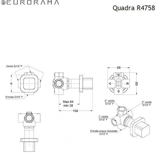Eurorama Quadra Комплект смесител и превключвател за вграждане за душ кабина 3 изхода Сребрист