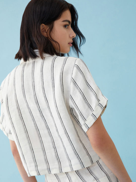 IBlues Women's Linen Short Sleeve Shirt White