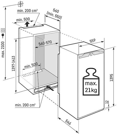 Liebherr Eingebauter Einzeltür Kühlschrank 207Es H141.3xB57xT55cm. Weiß Plus BioFresh