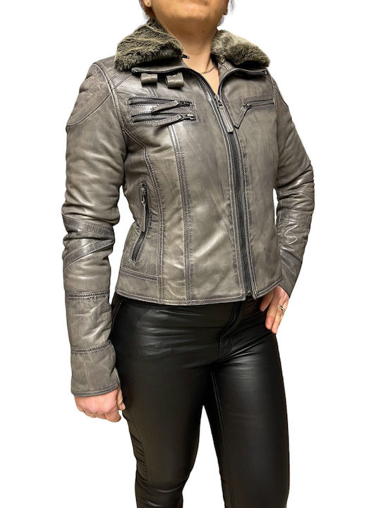 MARKOS LEATHER Women's Short Lifestyle Leather Jacket for Winter Grey