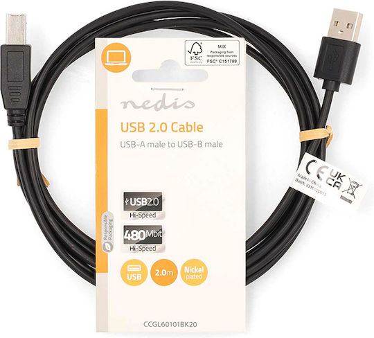 Nedis 2m USB 2.0 Cable A-Male to B-Male (CCGL60101BK20)