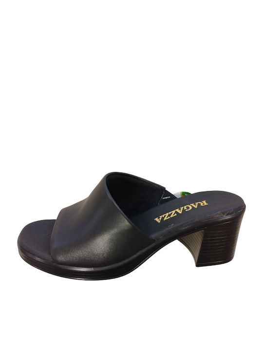 Leather Mules with Chunky Low Heel in Black Color