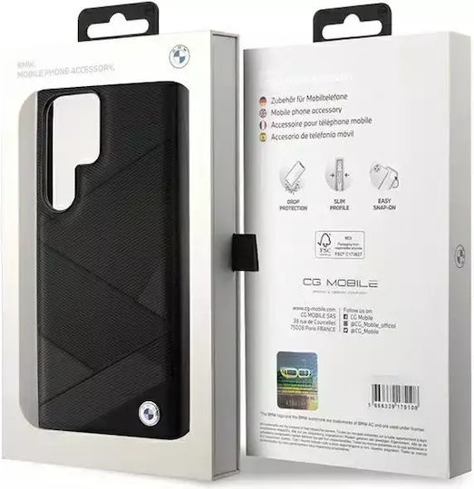 BMW Signature Leather Crossing Lines Pattern Umschlag Rückseite Leder Schwarz (Galaxy S24 Ultra)
