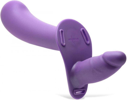 Strap U Harness με Διπλό Dildo και Δόνηση σε Μωβ Χρώμα
