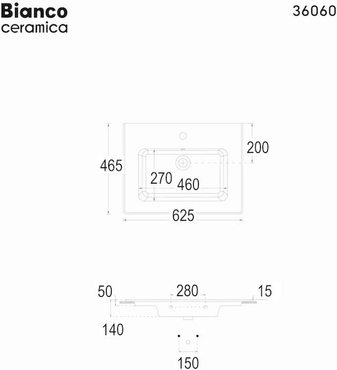 Bianco Ceramica Flat Aufgesetztes Waschbecken Porzellan 62.5x46.5x14cm White