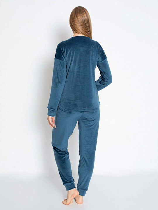 PJM Winter Damen Pyjama-Set Samt Blau