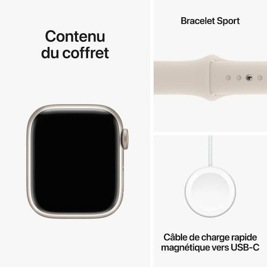 Apple Часовник Серия 9 Cellular Алуминий 41мм Водоустойчив с eSIM и Пулсомер (Starlight с Каишка Starlight Sport - S/M)