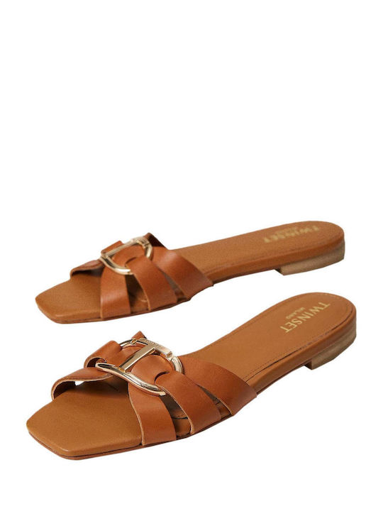 Twinset Leather Women's Flat Sandals in Brown Color