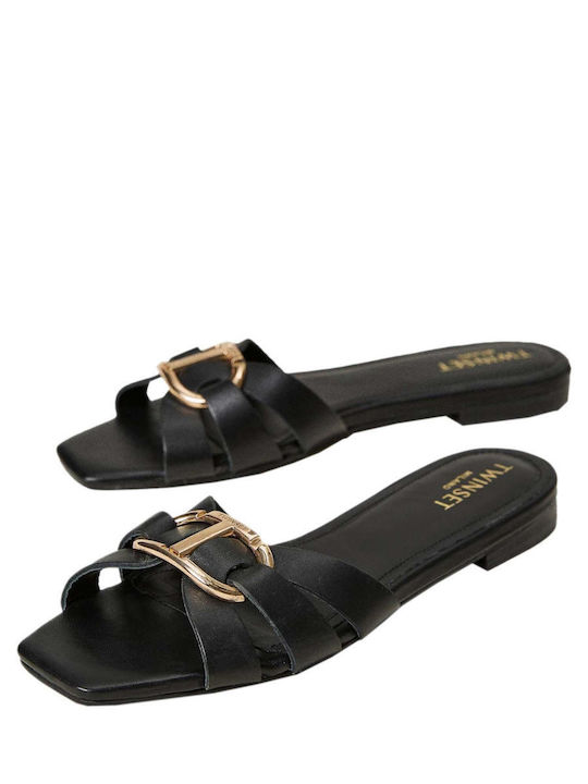 Twinset Leather Women's Flat Sandals in Black Color